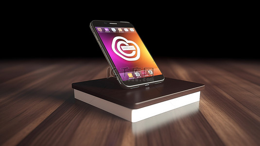 通过 3d 渲染智能手机显示在木制桌面上的 instagram 应用程序徽标