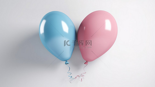 漂浮在白色背景上的 3D 渲染中的性别揭示概念粉色和蓝色气球