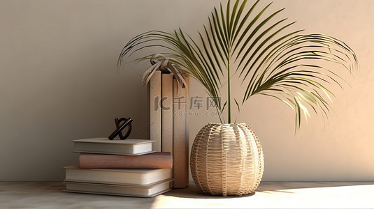 米色花瓶背景图片_书籍柳条篮和混凝土花瓶的亲密视野，棕榈叶阴影投射在米色墙壁上