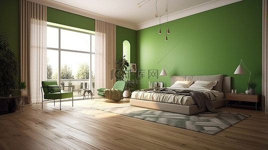 卧室壁炉背景图片_城市公寓中宽敞卧室的令人惊叹的 3D 渲染，配有木地板和宁静的绿色墙壁
