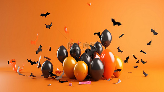 派对海报宣传背景图片_气球蝙蝠和花环橙色背景上的万圣节节日 3D 渲染