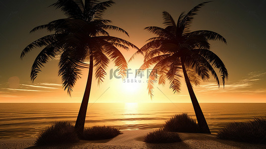 日落海洋景观与 3d 棕榈树