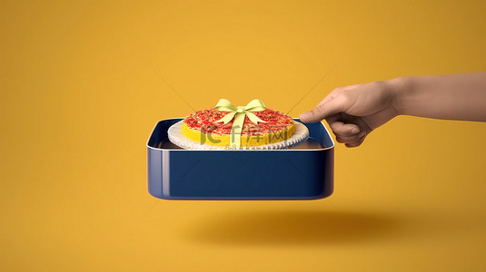 食物盛宴背景图片_手打开礼物盖子的 3D 插图，揭示 Facebook 启发的社交媒体盛宴