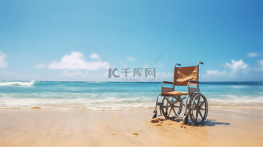 风景秀丽的海滨 3D 渲染图像上的空轮椅