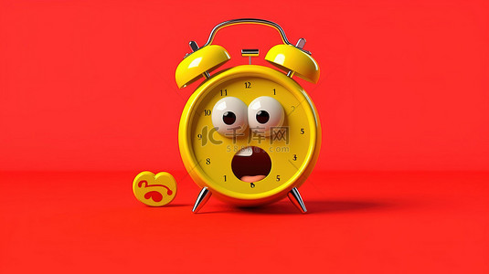 黄色卡通闹钟背景图片_欢快的人物吉祥物，在 3D 描绘的充满活力的黄色背景上拿着一个红色闹钟