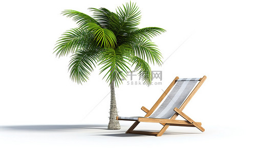 白色背景上孤立的棕榈树和沙滩椅的 3d 插图
