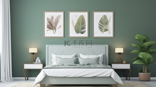一家三代背景图片_带有三个空框架的绿色卧室的 3D 渲染插图