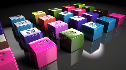 显示各种应用程序图标的彩色 3D 立方体