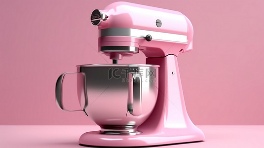 单色扁平背景图片_扁平的粉色搅拌机 3d 渲染的单色小厨房电器的孤立镜头