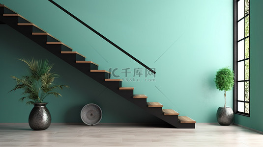 楼梯装饰背景图片_当代禅宗启发的 3D 渲染空薄荷房，配有楼梯和装饰品