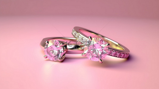 一对圆形钻石戒指隐蔽在玫瑰色背景 3d 插图