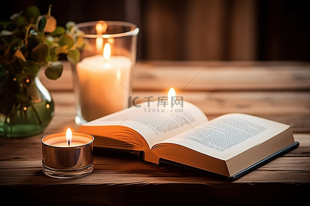 木桌上点燃的蜡烛和书的特写