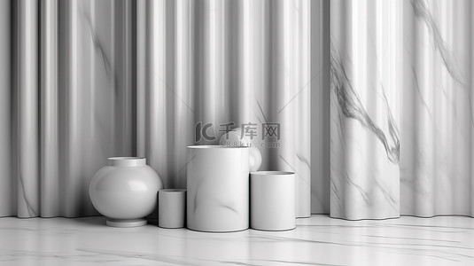 场景中的抽象织物 3D 渲染背景白色大理石圆柱体