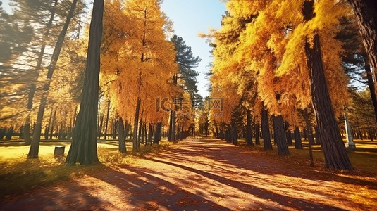 中森明菜背景图片_森林中的金色树叶，3D 插图中捕捉到的充满活力的秋季场景