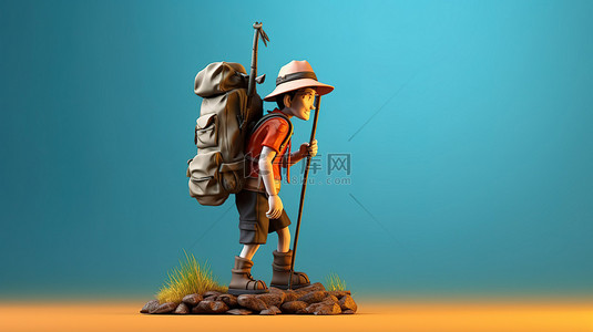 3D 艺术作品中拿着登山杖的搞笑徒步旅行者