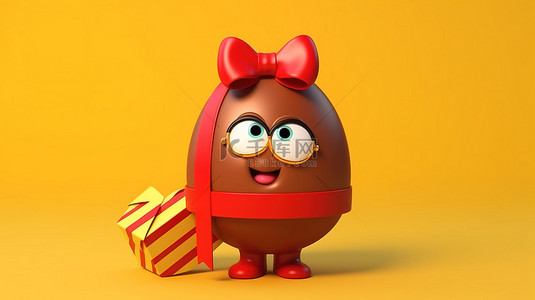拿鸡蛋背景图片_黄色背景的 3D 渲染，棕色鸡蛋角色吉祥物拿着一个用红丝带绑着的礼品盒
