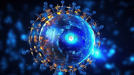 蓝色科技感电脑背景图片_抽象技术蓝色能量球与粒子的 3d 渲染