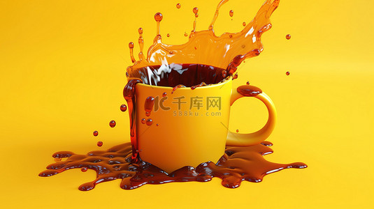 黄色背景的 3D 插图，咖啡从杯子里溢出