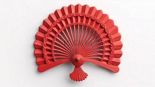 中国传统感背景图片_3D 渲染的红色木手扇，白色背景上有复杂的雕刻