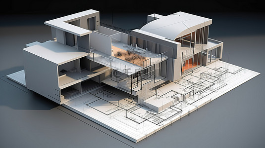 房屋蓝图 3D 渲染，包含详细说明和技术规格