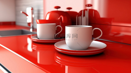 红色玻璃罩背景图片_红色厨房家具和用具的时尚 3D 渲染，极端特写