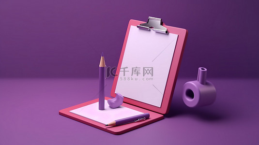 带有剪贴板和铅笔记事本图标的 3D 渲染紫色背景插图