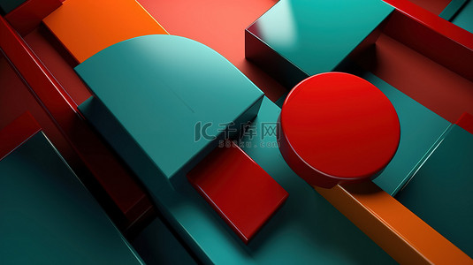 蓝色背景下绿色红色和橙色几何形状的抽象 3D 渲染