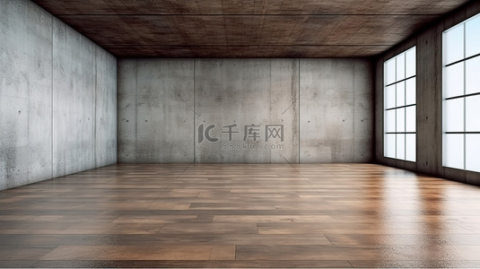 白灰色简约背景图片_空房间的简约混凝土 3D 渲染，地板和墙壁光滑
