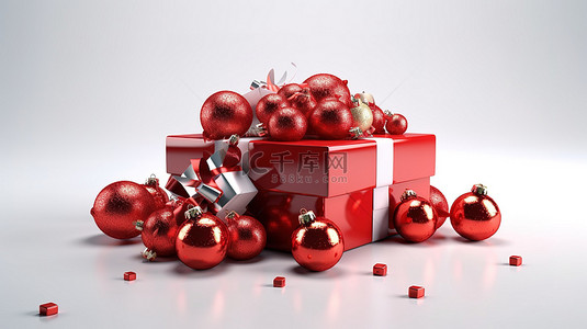 3D 渲染的圣诞红色礼盒，白色背景上饰有装饰品