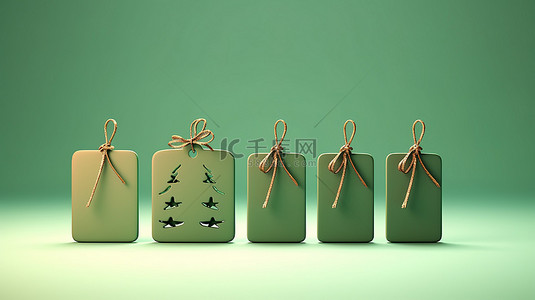 牛皮纸背景图片_孤立绿色背景上圣诞树礼品标签的 3D 渲染