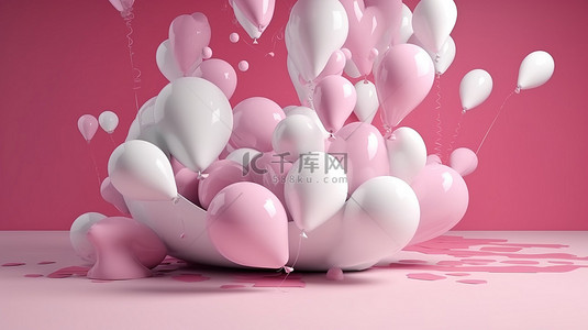 在 3d 渲染中带有粉红色和白色气球的背景