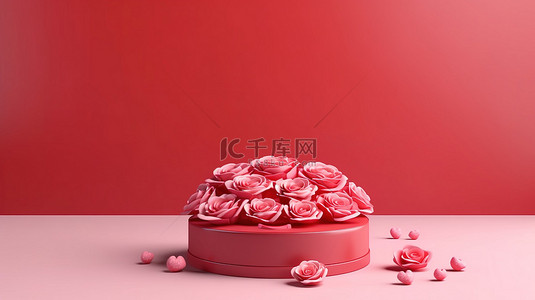 抽象场景中粉红玫瑰心盒和红色礼品盒的情人节模型 3D 渲染