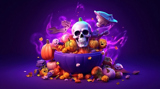 五颜六色的糖果和糖果漂浮在女巫大锅中，万圣节头骨和骨头在充满活力的紫色背景 3D 渲染上