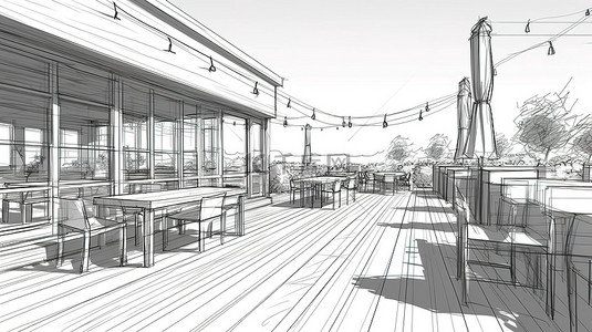 餐厅夏季露台 3D 插图的草图轮廓