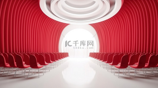 当代会议场地的 3D 渲染，配有醒目的红色窗帘舞台和白红色座位安排