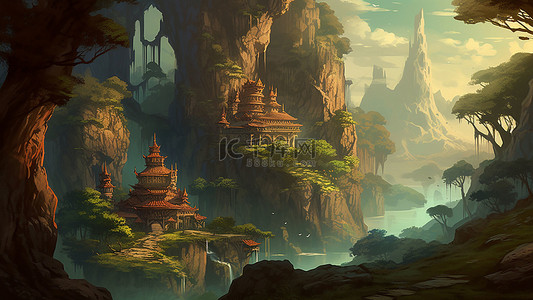 卡通生态背景图片_游戏峡谷城堡
