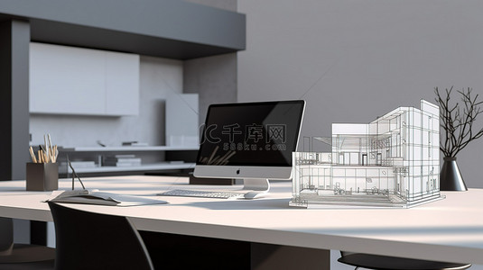 原型设计背景图片_以 3D 房屋原型为特色的建筑师工作空间的虚拟视图