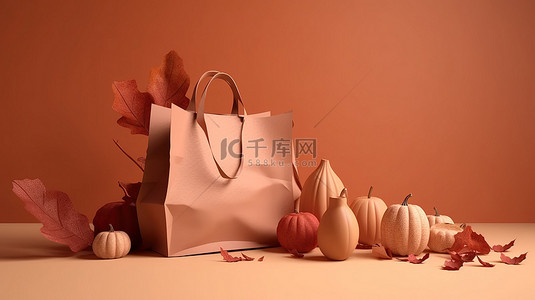 购物主题设计背景图片_具有充足复制空间的 3D 渲染设计中的秋季主题购物袋