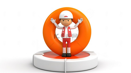 3D 渲染的人物吉祥物，带有救生圈和白色背景的金色忠诚计划奖励硬币