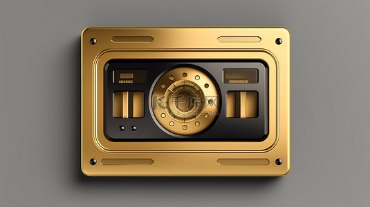 卡通ui按钮背景图片_金色色调的经典录音带播放器图标 3D 渲染的 ui ux 界面的方形按钮键