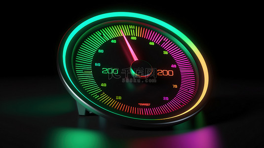 彩色车速表图标，带有速度测量的 3D 插图和绿色正常颜色指针