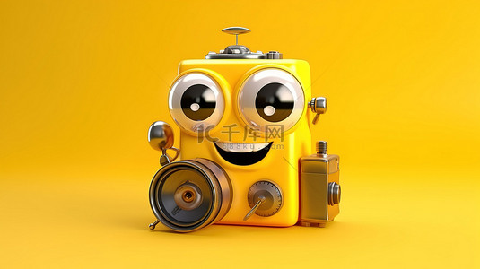 黄色背景的 3D 渲染，带有闹钟字符吉祥物和现代数码相机
