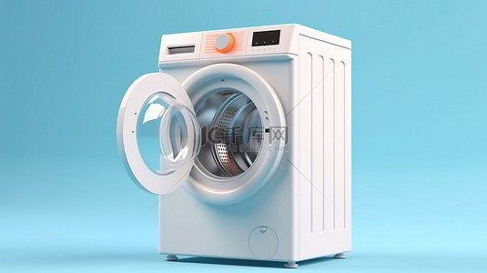 衣服衣物背景图片_蓝色背景下现代洗衣机的时尚 3D 渲染