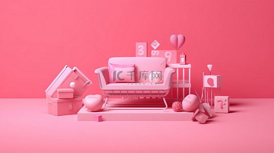 粉红色背景的水平视图，带有 3D 渲染符号，用于优惠券促销图标