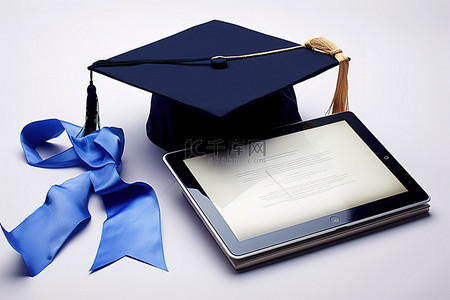 文凭和蓝丝带文凭旁边的电子平板电脑