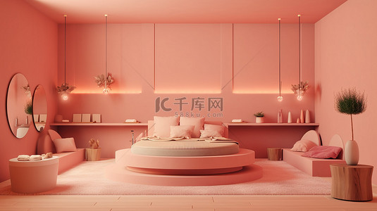 温暖而诱人的水疗氛围，柔和的粉红色调 3D 渲染 ai 插图