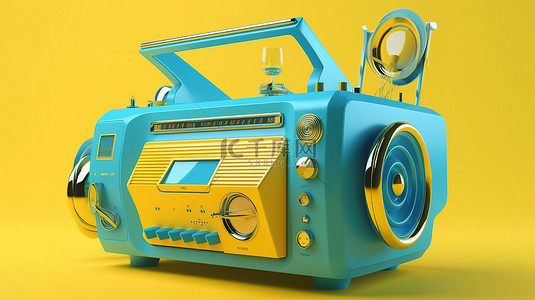 黄色卡通风格3D蓝色收音机音乐播放器