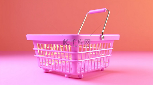 水果消消乐页面背景图片_带有空购物篮的粉红色背景的 3D 渲染插图