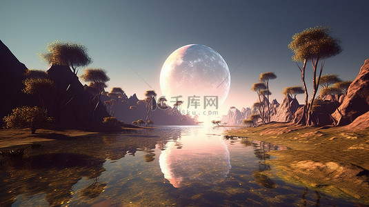 山区星空背景图片_未来派湖景行星和 3D 景观融合