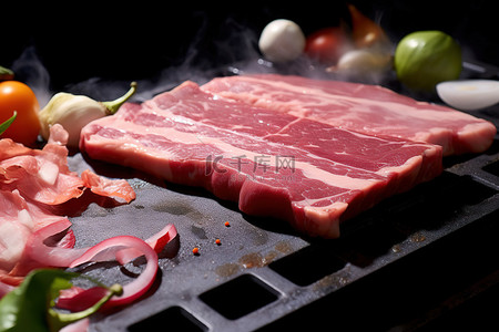 红烧笋子牛肉面背景图片_木炭烤架上的瘦牛肉片和辣椒 纽约美食
